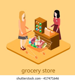 Isometric interior of grocery store. Shopping mall flat 3d  isometric  concept web vector illustration.
