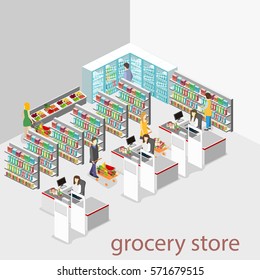 Isometric interior of grocery store. Shopping mall flat 3d isometric concept web vector illustration.