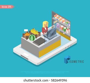 Isometric interior of grocery store. Shopping mall flat 3d isometric concept web vector illustration.