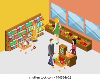 Isometric interior of grocery store. Shopping mall flat 3d isometric concept web vector illustration.