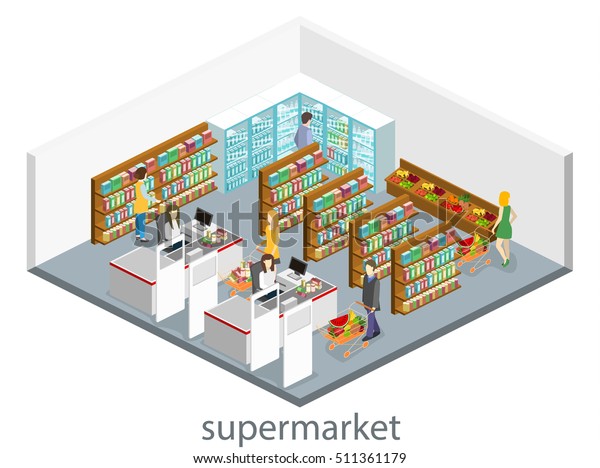 食料品店のアイソメ内部 ショッピングモールのフラットな3dアイソメコンセプトのウェブベクターイラスト のベクター画像素材 ロイヤリティフリー