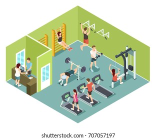 Isometric interior of gym for fitness. Gym vector illustration with people equipment and various types of physical exercises