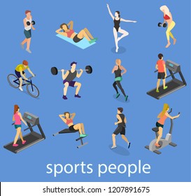 Isometric interior of gym. People involved in sports