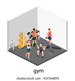 Isometric interior of gym. People involved in sports