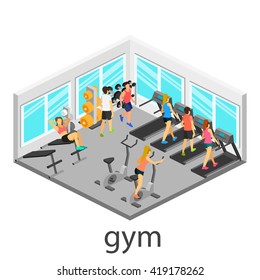 Isometric interior of gym. People involved in sports