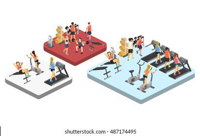 Isometric interior of gym. People involved in sports. Flat 3D vector illustration.