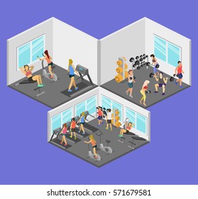 Isometric interior of gym. People involved in sports. Flat 3D vector illustration.