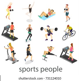Isometric interior of gym. People involved in sports