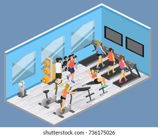 Isometric interior of gym. People involved in sports. Flat 3D vector illustration.