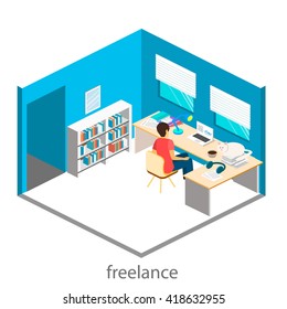 Isometric interior of home office. Freelancer works at the computer. Flat 3D illustration.  On a table scattered papers