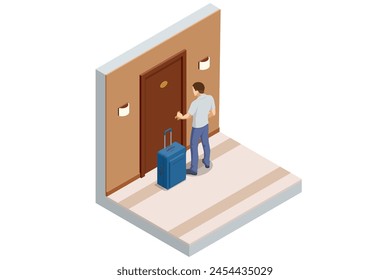 Isometric Interior of a hotel corridor, a man checks into a hotel room. A tourist with a suitcase enters a hotel room and opens the room door with an electronic key.