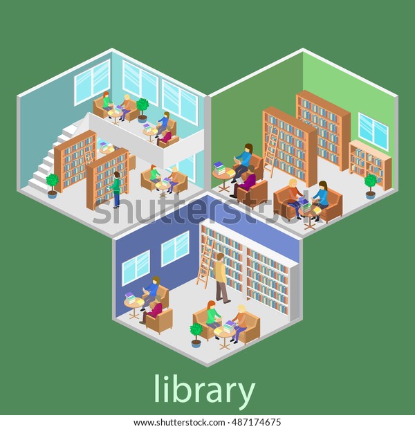 Download Isometric Interior Library Flat 3d Vector Stock Vector (Royalty Free) 487174675