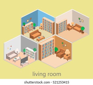 isometric interior of a living room. Flat 3D vector illustration