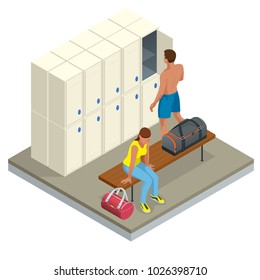 Isometric Interior of a locker and changing room. Vector changing locker room with shower enclosures benches and storage closets illustration