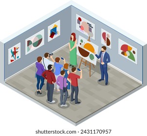 Isometric Interior of the Modern Art, an art museum. Room in museum with artworks and visitor.