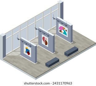 Isometric Interior of the Modern Art, an art museum. Room in museum with artworks