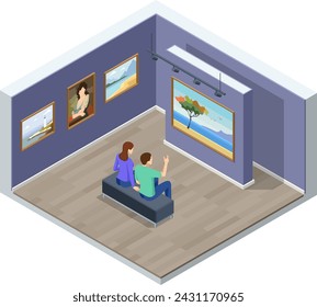 Interior isométrico del Arte Moderno, un museo de arte. Habitación en museo con obras de arte y visitante.