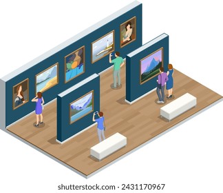 Isometric Interior of the Modern Art, an art museum. Room in museum with artworks and visitor.