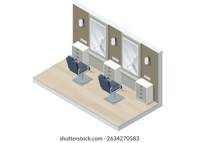 Isometric Interior of a modern barbershop with workstations. A spacious isometric barbershop interior with multiple stations, mirrors, barber chairs, plants.