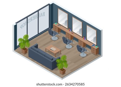 Isometric Interior of a modern barbershop with workstations. A spacious isometric barbershop interior with multiple stations, mirrors, barber chairs, plants, and waiting area sofa.