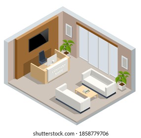 Isometric Interior Of The Modern Office. Hall With Reception Desk And Sofa For Customers.