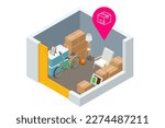 Isometric interior of a modern storage room for a warehouse of home appliances, lamps, armchairs, boxes, bicycles and other things. Warehouse of household items and interior elements.