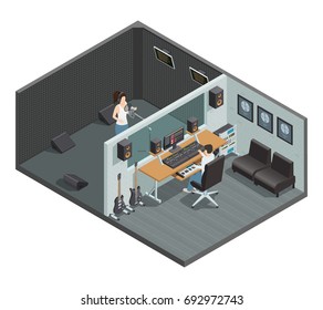 Isometric interior of music studio with soundproof booth for vocal recording control room and people characters vector illustration