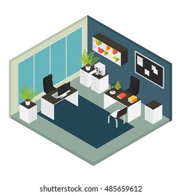 Isometric interior office workplace composition with room with the walls with furniture and repairs in office vector illustration