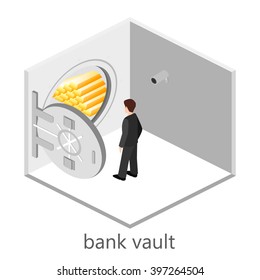 isometric interior with open a bank vault and businessman