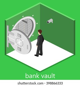 isometric interior with open a bank vault and businessman
