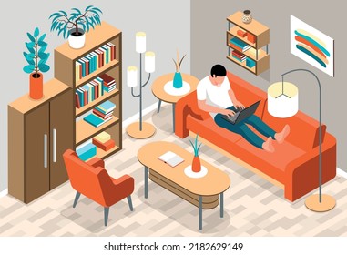 Isometric interior people composition with indoor scenery of living room with man on sofa with laptop vector illustration