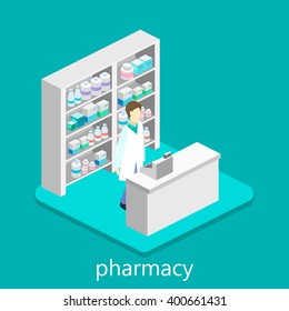 Isometric interior of pharmacy