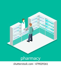 Isometric interior of pharmacy. Flat 3D illustration