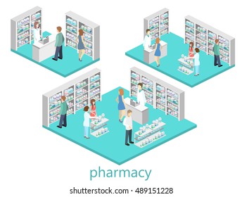 Isometric interior of pharmacy. Flat 3D vector infographic illustration