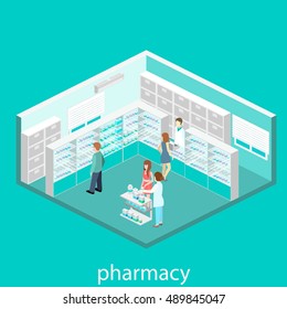 Isometric interior of pharmacy. Flat 3D illustration