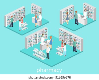 Isometric interior of pharmacy. Flat 3D vector infographic illustration