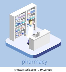 Isometric interior of pharmacy. Flat 3D vector infographic illustration