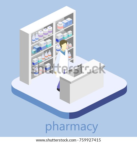 Isometric interior of pharmacy. Flat 3D vector infographic illustration