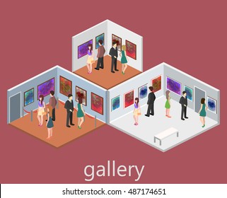 Isometric interior of picture gallery. Flat 3D vector illustration.