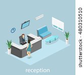 Isometric interior of reception. Flat 3D real illustration of waiting room