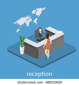 Isometric interior of reception. Flat 3D real illustration of waiting room. World map on the wall
