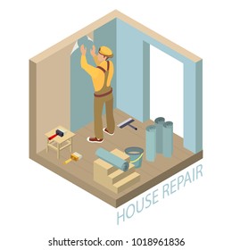 Isometric interior repairs concept. Builder pastes the wall with paper. Worker in yellow uniform is wallpapering wall. Decorator, tools, wallpaper and fragment of interior. Vector flat 3d illustration