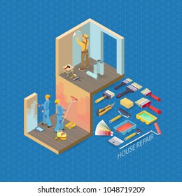 Isometric interior repairs concept. Builder pastes the wall with paper. Two decorators are painting the walls of the room with paint roller. Workers, tools. Vector flat 3d  illustration.