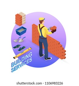 Isometric interior repairs concept. Builder with tools and materials near the brick wall. Bricklayer in uniform holds a brick and spatula. Worker builds a brick wall. Vector flat  illustration.