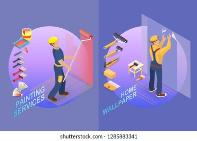 Isometric interior repairs concept. The decorator is painting the wall of the room with paint roller. Builder pastes the wall with paper. Worker and tools. Vector flat 3d illustration.