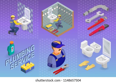 Isometric interior repairs concept. Plumber is installing washbasin in a bathroom with a blue tile. Builder in uniform holds a sink. Worker and tools. Vector flat illustration.