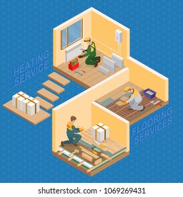 Isometric interior repairs concept. Repairer is fixing radiator.  Builder in uniform holds a tile. The worker is laying parquet Vector flat 3d illustration.