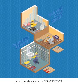 Isometric interior repairs concept. Repairer is laying tile. Tiler is tying colorful tile. Plumber is installing washbasin in a bathroom. Vector flat 3d illustration.