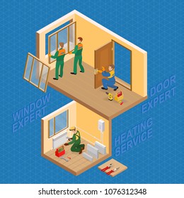 Isometric interior repairs concept. Repairer installs a door knob. The workers install window in windowhole. Heating service. Repairer is fixing radiator. Vector flat 3d illustration.