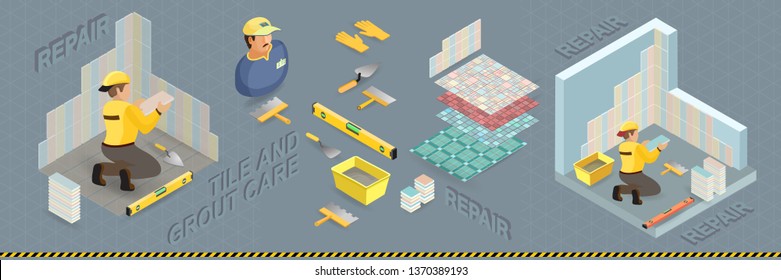 Concepto de reparaciones interiores isométricas. La azulejos está atada con coloridas baldosas en la esquina del local. El generador de uniforme sostiene una pieza. Trabajador, herramientas y fragmento del interior. Ilustración 3d plana vectorial.